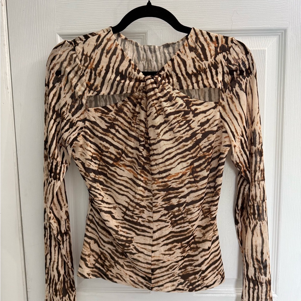 Rails Brown and Tan Fitted Cut Out Mesh Blouse